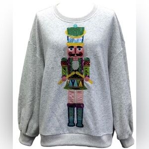 QUEEN OF SPARKLES Sequin ColorBlock DRUMMER NUTCRACKER Sweatshirt- Grey NWT!